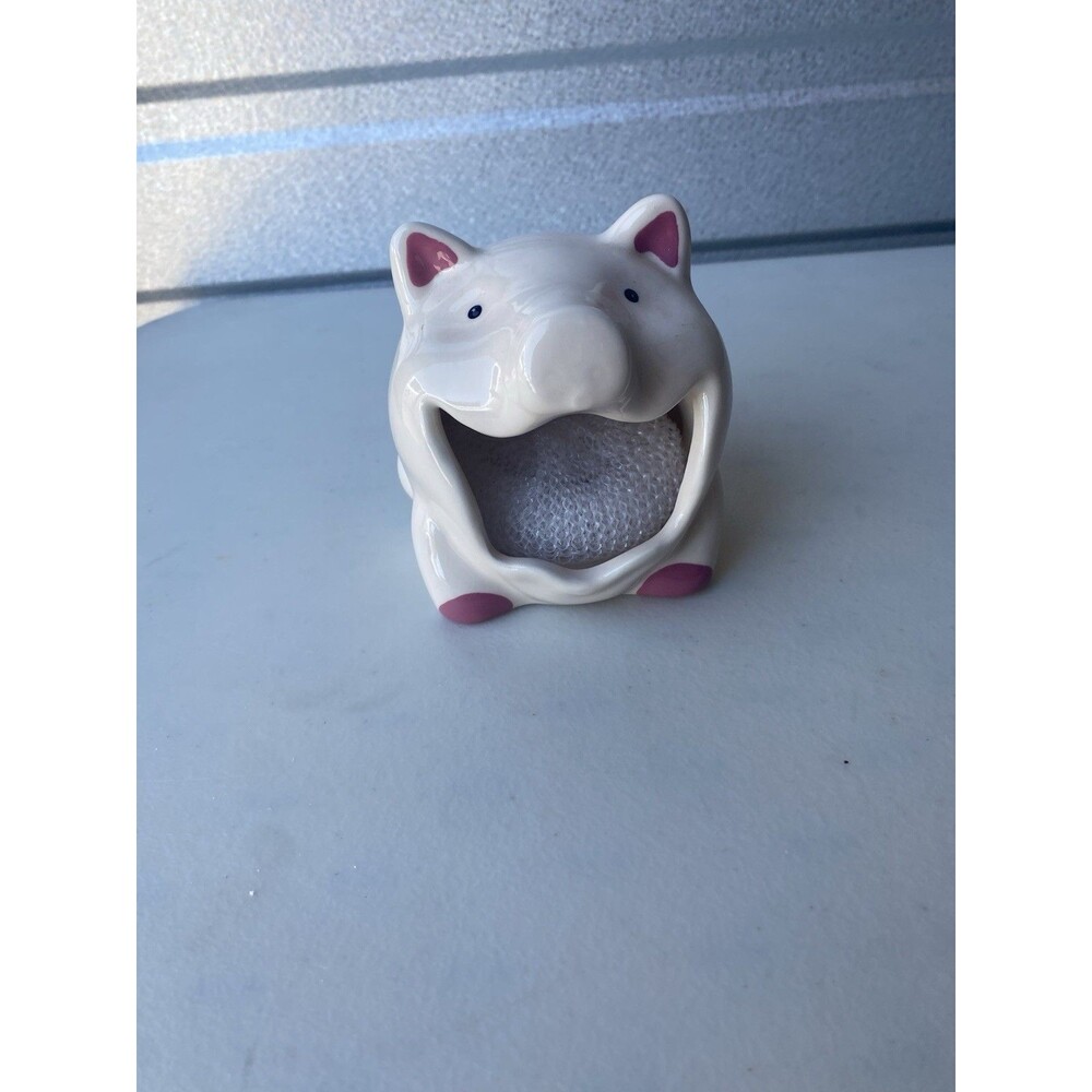 Boston Warehouse Ceramic Smiling Pig Sponge Holder Caddy White Pink Scrubber